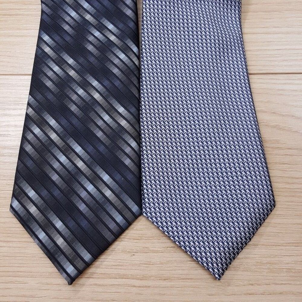 PERRY ELLIS Mens Neck Tie Grey Black Houndstooth Diamond Stripe Lot of 2 Necktie